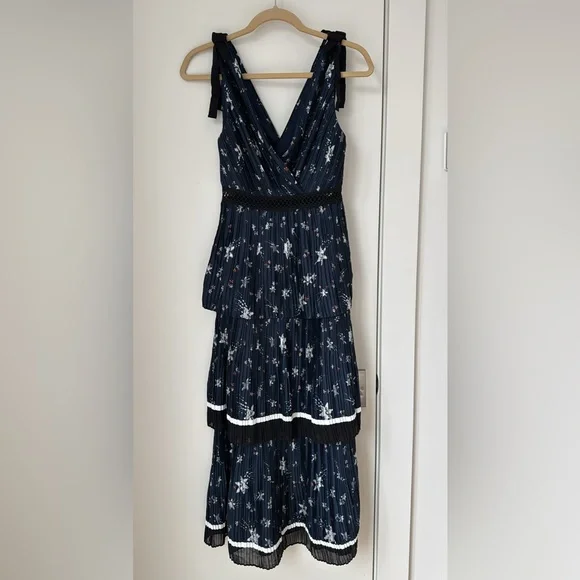 Self-Portrait - Star-Print Satin Tiered Pleated Midi Dress